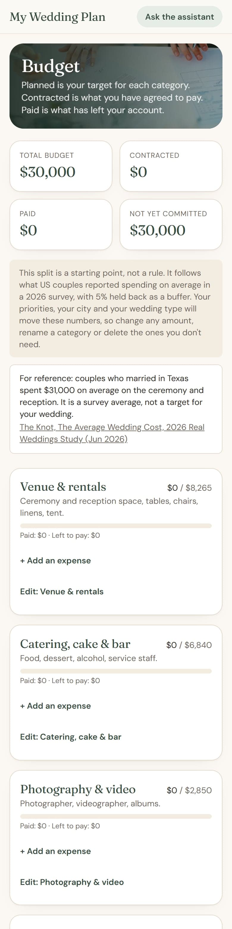 Budget screen showing total budget, contracted, paid and categories