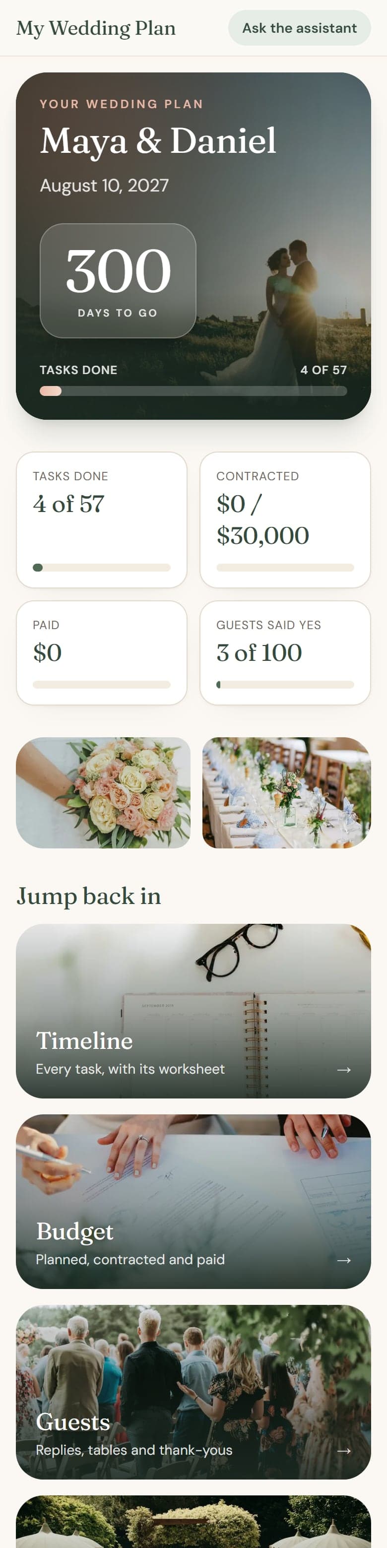 Plan home screen showing 300 days to go, tasks done and budget totals for the example couple