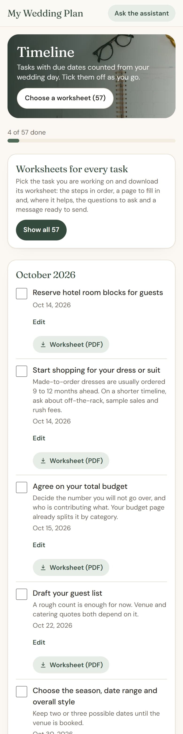 Timeline screen with wedding tasks grouped by phase and due dates